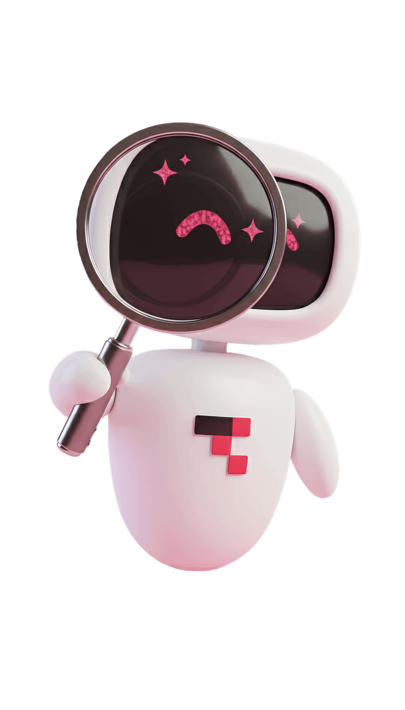 Nova, Triple & Co.'s content research agent, holding her magnifying glass